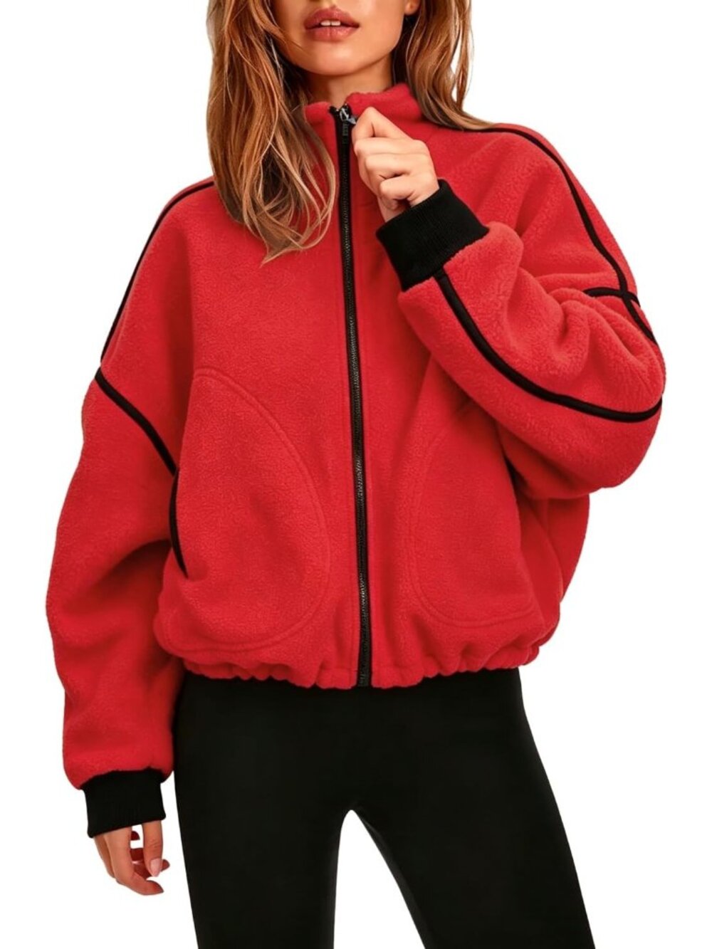 Women Red 100% Polyester Stand Collar Pocket Cropped Full-Zip Up Sherpa Jackets